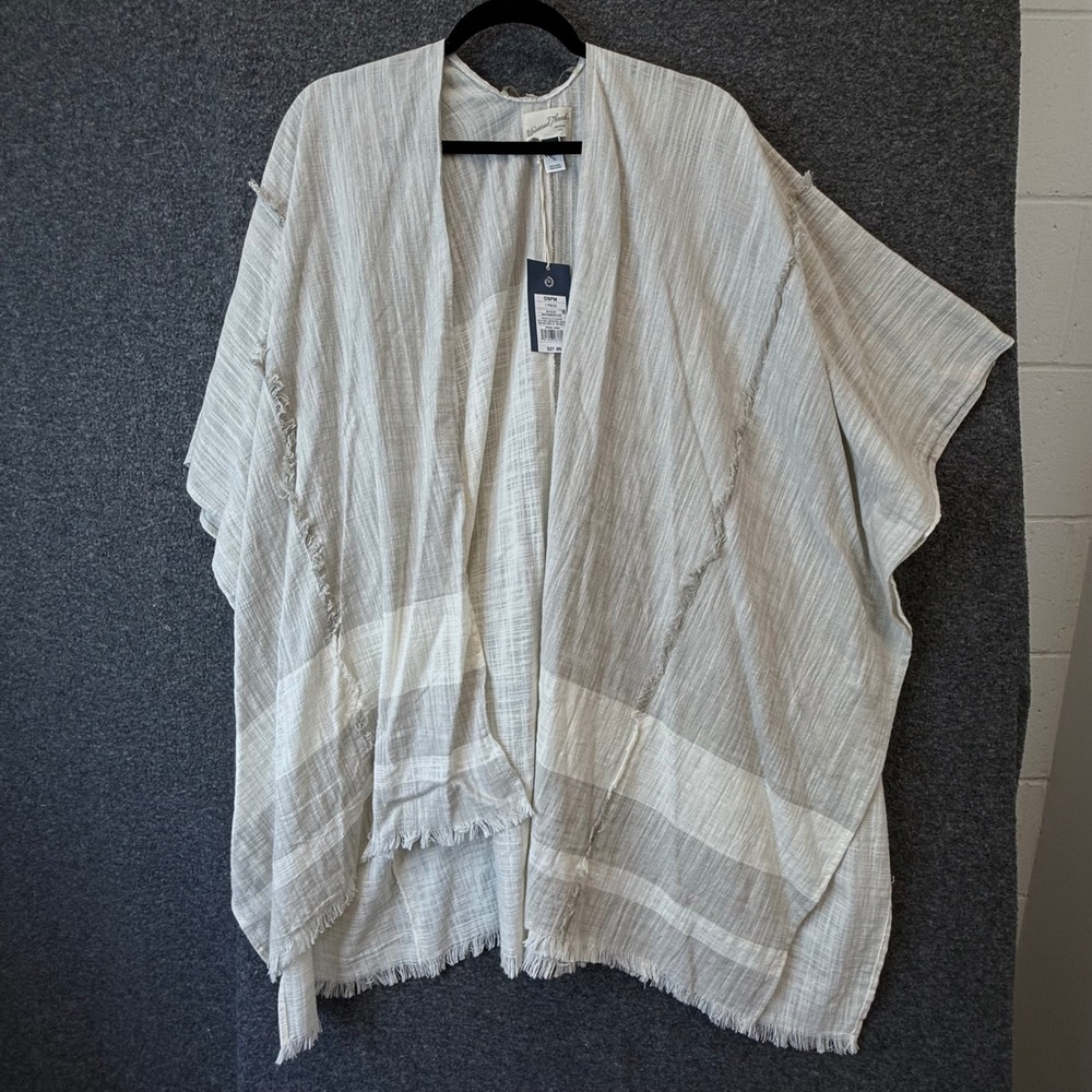 NWT Boho Kimono Wrap Womens OS Gray White Striped Fringe Cotton Festival Gauzey